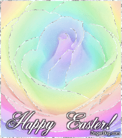 Click to get the codes for this image. This beautiful glitter graphic shows a pastel rainbow-colored rose with silver glitter on the tips of each petal. The comment reads: Happy Easter!