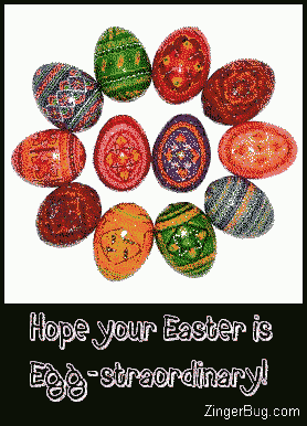 Click to get the codes for this image. Thie graphic shows spinning painted Russian Easter Eggs. The comment reads: Hope your Easter is Egg-straordinary!