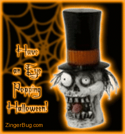 Click to get the codes for this image. This funny graphic shows a skeleton head wearing a top hat with one eye popping out. The comment reads: Have an Eye-Popping Halloween!