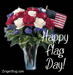 Click to get the codes for this image. This glitter graphic features a bouquet of red, white and blue roses with an American Flag. The comment reads: Happy Flag Day!