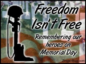 Click to get the codes for this image. Collage of an American Flag, crosses at a cemetary and a soldier's boots, rifle and helmet with the comment: Freedom Isn't Free. Remembering our heroes on Memorial Day