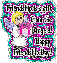 Click to get the codes for this image. Cute glitter graphic of a cherub angel holding a package. The comment reads: Friendship is a gift from the Angels! Happy Friendship Day!