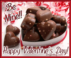 Click to get the codes for this image. This glitter graphic features a photograph of a heart shaped bowl full of heart shaped chocolate candies. There is red ribbon in the background and animated glitter on top. The comment reads: Be Mine! Happy Valentine's Day!