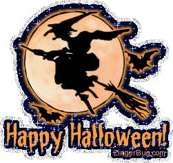 Click to get the codes for this image. This cute glitter graphic shows the silhouette of a witch on a broom flying in front of the moon with bats nearby. The comment reads: Happy Halloween!
