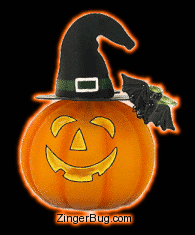 Click to get the codes for this image. Cute Halloween glitter graphic of a pumpkin wearing a witch's hat with a bat nearby.