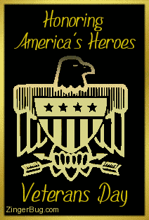 Click to get the codes for this image. The graphic features a 3 Dimensional patriotic Eagle holding arrows with a stars & stripes shield. The comment reads: Honoring America's Heroes. Veterans Day