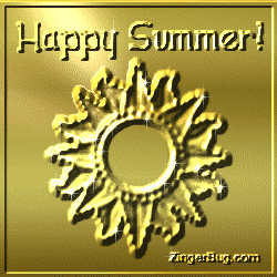 Click to get the codes for this image. Glitter graphic of a golden sun with the comment: Happy Summer. The sun and the words look like they are sculpted in gold leaf.
