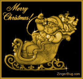 Click to get the codes for this image. Glitter graphic of a golden ornament featuring Santa Clause in a sliegh full of presents. The comment reads: Merry Christmas!