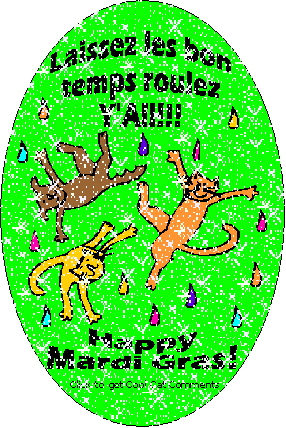 Click to get the codes for this image. Cute glitter graphic of 3 cats flying around with confetti. The comment reads: Laissez les bon temps roulez Y'All!! (Which is French for Let the Good Times Roll, Y'All!) Happy Mardi Gras!