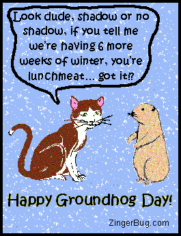 Click to get the codes for this image. This cartoon shows a cat and a groundhog. The cat says: Look dude, shadow of no shadow, if you tell me we're having 6 more weeks of winter, you're lunchmeat... Got it?