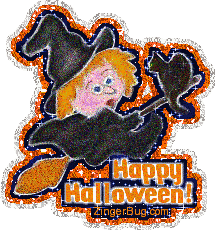 Click to get the codes for this image. Cute glitter graphic of a witch on a broom with a black cat. The comment reads: Happy Halloween!