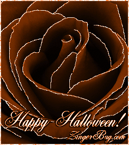 Click to get the codes for this image. Glitter graphic of a dark orange rose with silve glitter on the tips of each petal. Comment reads: Happy Halloween