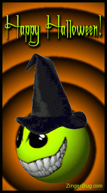 Click to get the codes for this image. Evil green smiley face wearing a witch's hat. Comment reads: Happy halloween!