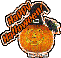 Click to get the codes for this image. Happy Halloween Pumpkin wearing Witch's Hat, Halloween Free Image, Glitter Graphic, Greeting or Meme for Facebook, Twitter or any forum or blog.