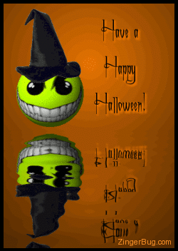 Click to get the codes for this image. Cute glitter graphic of an evil green smiley face wearing a witch's hat reflected in an animated pool. The commment reads: Have a Happy Halloween!