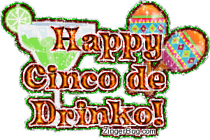 Click to get the codes for this image. Cute glitter graphic of a Margarita and Maracas with the comment: Happy Cinco de Drinko!