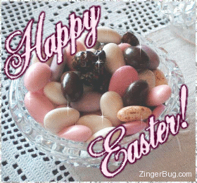 Click to get the codes for this image. Glittered photograph of a chrystal bowl full of easter candies. The comment reads: Happy Easter!