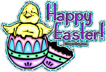 Click to get the codes for this image. Cute glitter graphic of a yellow chick sticking its head out of a colored Easter Egg. The comment reads: Happy Easter!