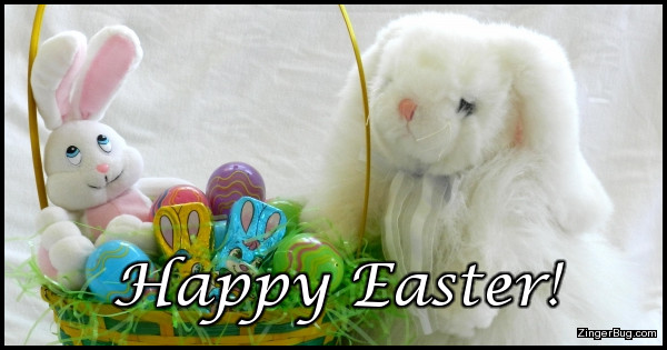 Click to get the codes for this image. This cute greeting features a photo of an Easter basket with two stuffed bunnies. The caption reads Happy Easter!