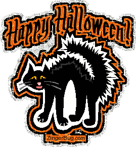 Click to get the codes for this image. Glitter graphic of a black cat with its back arched. Comment reads: Happy Halloween!