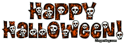 Click to get the codes for this image. Happy Halloween Orange Skull Glitter Text, Halloween Free Image, Glitter Graphic, Greeting or Meme for Facebook, Twitter or any forum or blog.