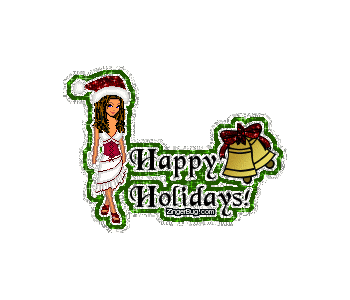 Click to get the codes for this image. Animae Doll wearing a santa hat with bells glitter graphic. The comment reads: Happy Holidays!