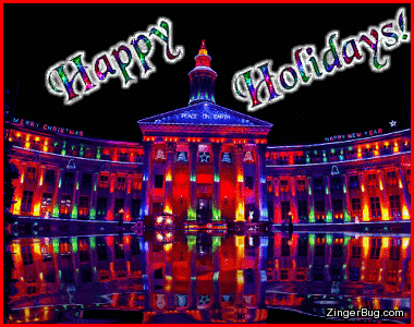 Click to get the codes for this image. This glitter graphic shows a municipal building lighted for the holidays reflected in an animated pool. The comment reads: Happy Holidays!