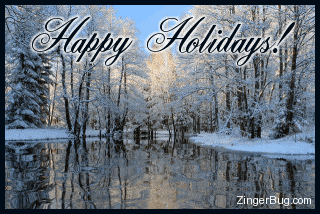 Click to get the codes for this image. Beautiful animated photograph of snow-covered trees reflected in an animated pool. The comment reads: Happy Holidays!