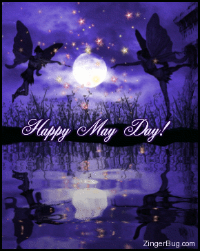 Click to get the codes for this image. Beautiful glitter graphic of 2 faeries lighting the moon with fiary dust reflected in an animated pool. The comment reads: Happy May Day!