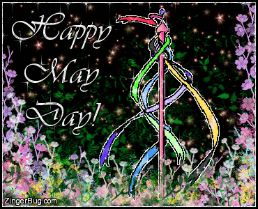 Click to get the codes for this image. Colorful glitter graphic of a maypole in a field of colored flowers with stars in the background. Comment reads: Happy May Day!
