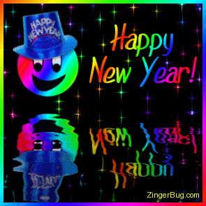 Click to get the codes for this image. Cute graphic of a rainbow colored smiley face wearing a Happy New Year hat with colorful stars in the background reflected in an animated pool. The comment reads: Happy New Year!