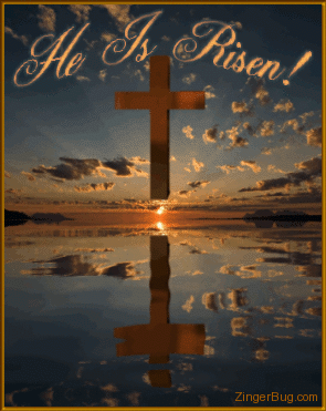 Click to get the codes for this image. Beautiful graphic of a cross hanging over the ocean at sunset reflected in an animated sea. The comment reads He Is Risen!