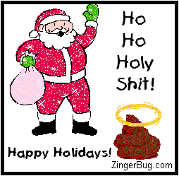 Click to get the codes for this image. Funny Christmas glitter graphic of a Santa Clause looking at a pile of poop with a halo over it. The comment reads: Ho Ho Holy Shit! Happy Holiday!