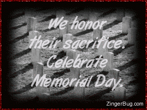 Click to get the codes for this image. Glittered black and white photo of headstones at a military cemetary. The comment reads: We honor their sacrifice. Celebrate Memorial Day.
