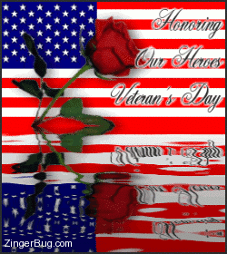 Click to get the codes for this image. Graphic of an American flag with a single red rose in front of it reflected in an animated pool. The comment reads: Honoring Our Heroes on Veteran's Day