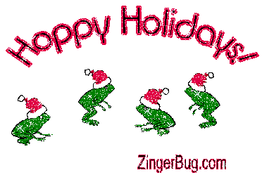 Click to get the codes for this image. Cute glitter graphic of 4 frogs wearing Santa hats and jumping up and down. The comment reads: Hoppy Holidays!