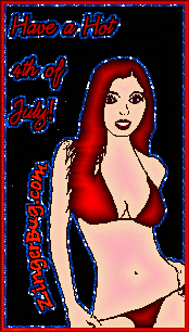 Click to get the codes for this image. Glitter graphic of a girl in a red bikini with blue glitter. The comment reads: Have a Hot 4th of July!