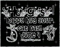 Click to get the codes for this image. HUGS! Glitter graphic of cute cartoon cats with the comment: Happy Hug your cat day, June 4!