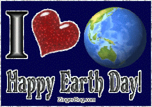 Click to get the codes for this image. Glitter graphic showing a 3D spinning globe. Comment reads: I heart the earth! Happy Earth Day!