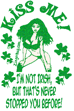 Click to get the codes for this image. This funny glitter graphic shows a sexy woman wearing a green bikini. The comment reads Kiss Me! I'm not Irish, but that's never stopped you before!