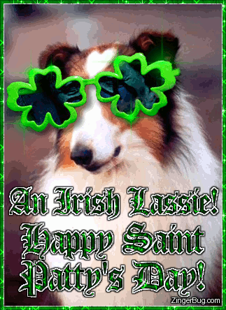 Click to get the codes for this image. This funny glitter graphic shows a photo of a collie wearing shamrock sunglasses. The comment reads: An Irish Lassie! Happy Saint Patty's Day!