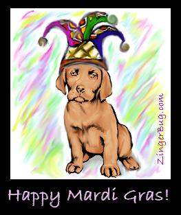 Click to get the codes for this image. Jester Dog Happy Mardi Gras!, Mardi Gras Free Image, Glitter Graphic, Greeting or Meme for Facebook, Twitter or any forum or blog.