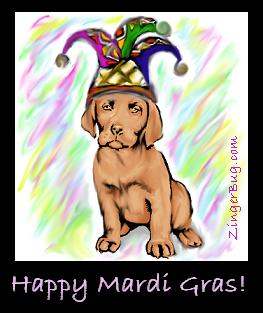 Click to get the codes for this image. Jester Dog Happy Mardi Gras!, Mardi Gras Free Image, Glitter Graphic, Greeting or Meme for Facebook, Twitter or any forum or blog.