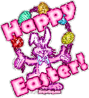 Click to get the codes for this image. Cute glitter graphic of a bunny juggling colored Easter Eggs. The comment reads: Happy Easter!