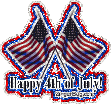Click to get the codes for this image. Glitter graphic featuring 2 crossed American Flags with the comment: Happy 4th of July!