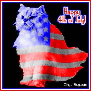 Click to get the codes for this image. Photograph of a white cat with an American Flag superimposed on it. The comment reads: Happy 4th of July!