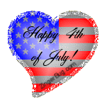 Click to get the codes for this image. Glitter graphic of a satin heart with an American Flag decoration. The comment reads: Happy 4th of July!