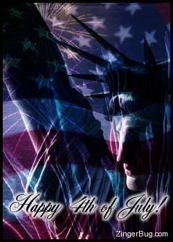 Click to get the codes for this image. Photo collage of the statue of Liberty with fireworks in the background and an American Flag superimposed over the top. The comment reads: Happy 4th of July!