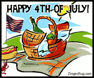 Click to get the codes for this image. Cute animated graphic of a picnic basket with an American flag in the background. Two ants are carrying off a hot dog. The comment reads: Happy 4th of July!