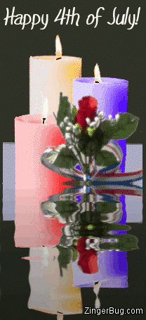 Click to get the codes for this image. Beautiful graphic of red, white and blue candles with animated flames and a single red rose with patriotic ribbon. The candles and rose are reflected in an animated pool. The comment reads: Happy 4th of July!
